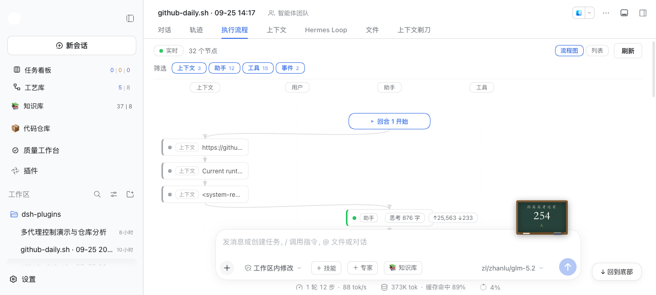 四泳道流程图：上下文 / 用户 / 助手 / 工具