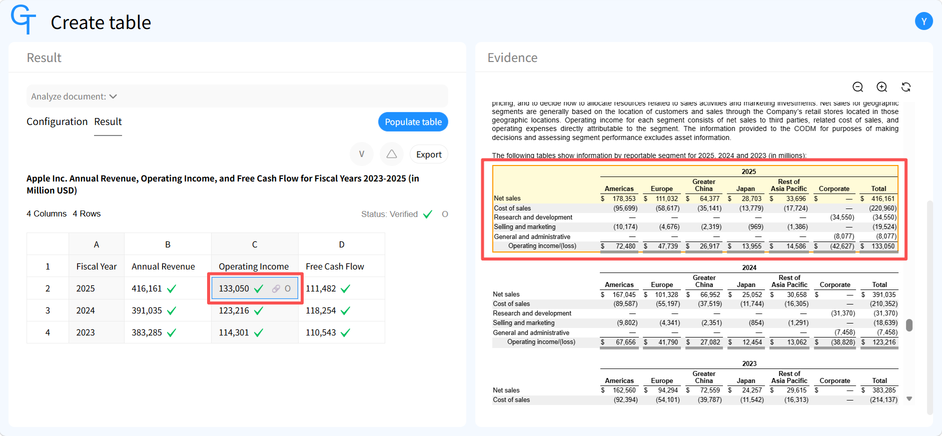 Cell-level verification linking a structured value to source evidence, source chunk, and original document in Gentables Finance Workspace