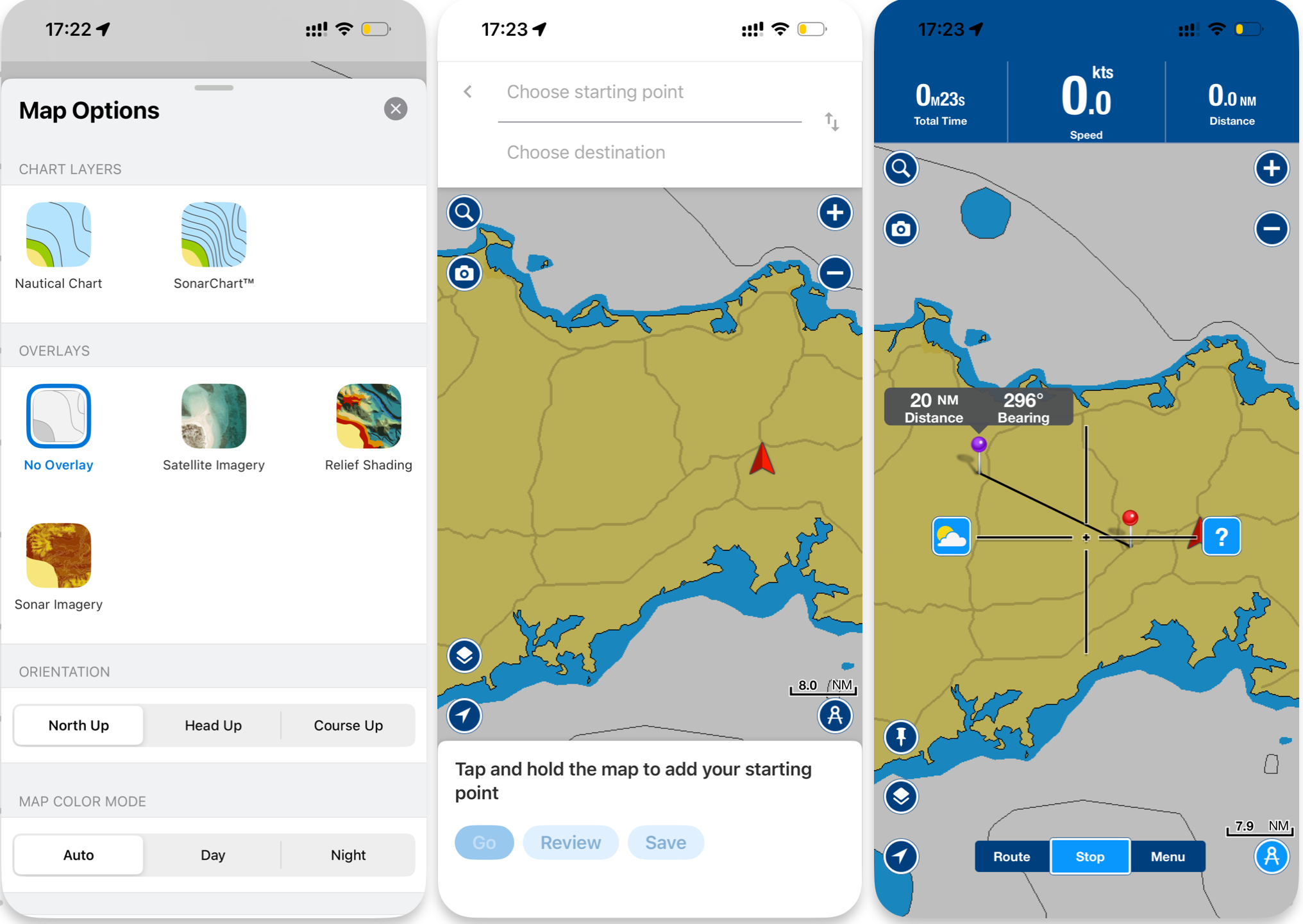 Navionics Boating APP界面截图:专业海图和航线规划功能