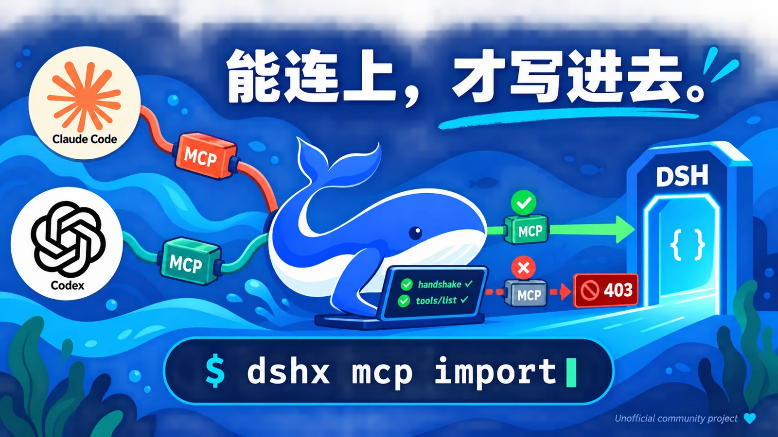 dshx 的核心思路:Claude Code 和 Codex 里的 MCP 服务器经过 dshx 的握手与 tools/list 校验,能连上的才写进 dsh,403 或起不来的当场拦下。