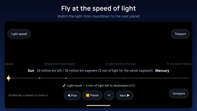 Flying toward Jupiter at scaled light speed with the light-time countdown running
