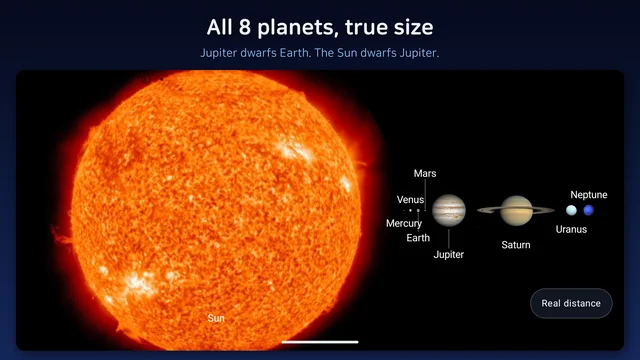 Compare view lining up all 8 planets by size, with Jupiter dwarfing Earth
