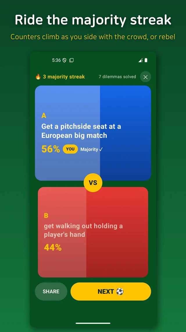 Streak and total counters climbing after a run of soccer questions