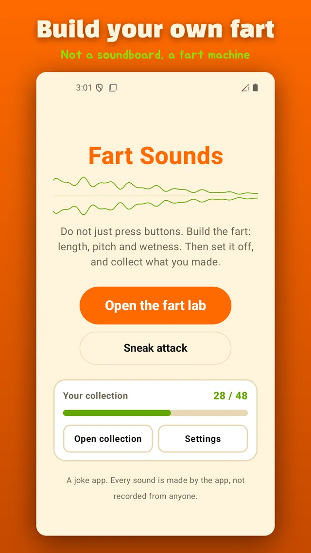 The home screen of the fart sound generator showing a waveform of the sound you just built