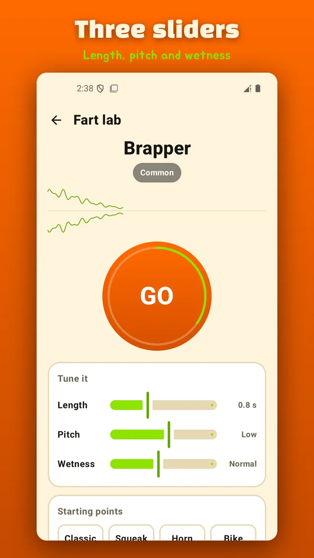 Three sliders labelled length, thickness and wetness controlling the fart sound