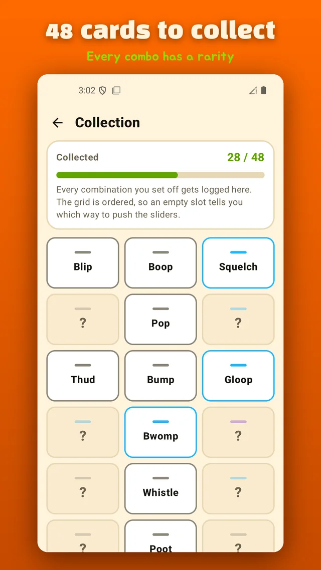 A collection screen showing 48 fart cards with rarity tiers