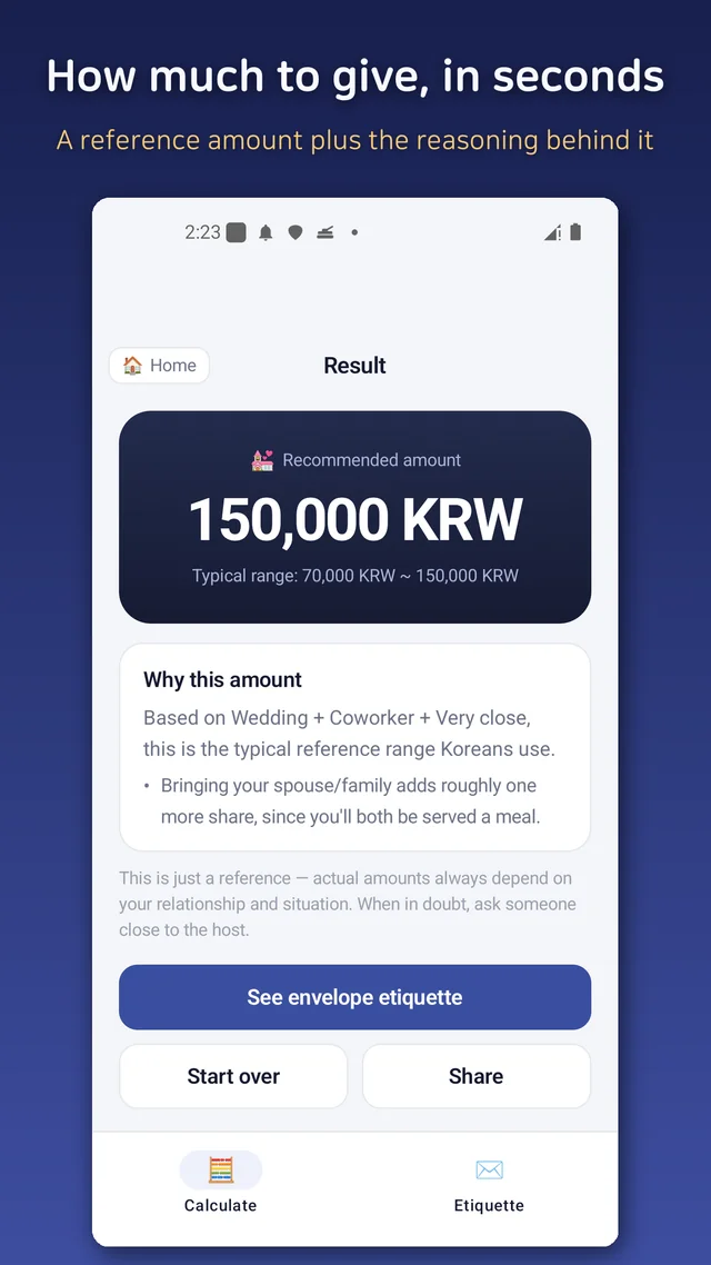 Result screen recommending how much to give for a close coworker's wedding, with a reason