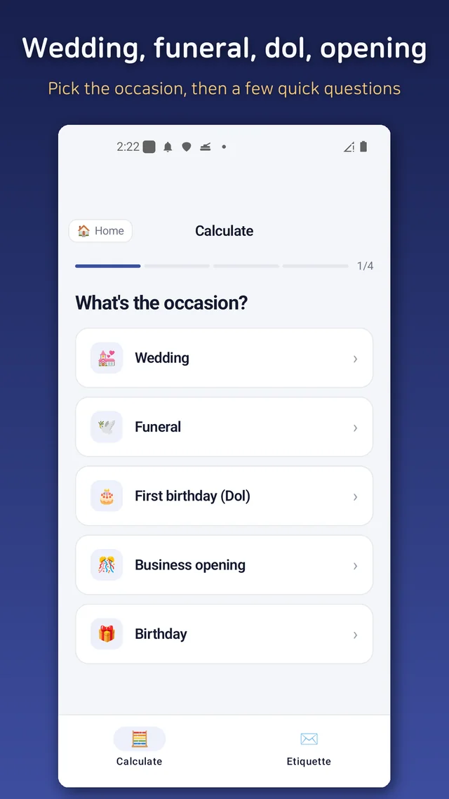 Choosing the occasion in the gift money calculator: wedding, funeral, first birthday, opening