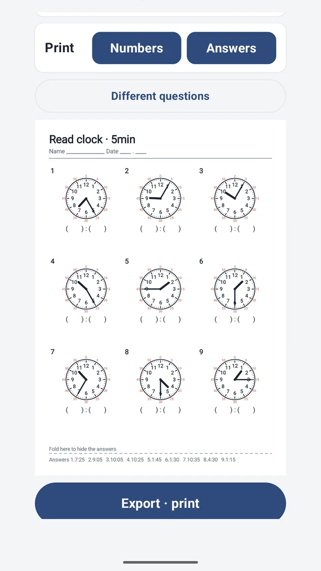 A printable analog clock worksheet exported as one page with the answer key on the bottom line