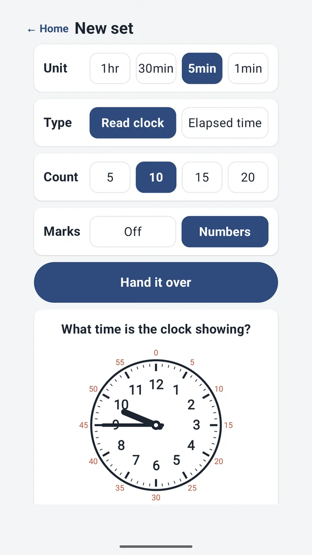 Setting up an analog clock worksheet by choosing the time unit, the question type and the number of problems