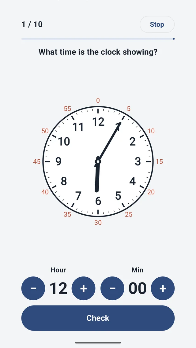 A child solving an analog clock problem with large plus and minus buttons and no ads on screen