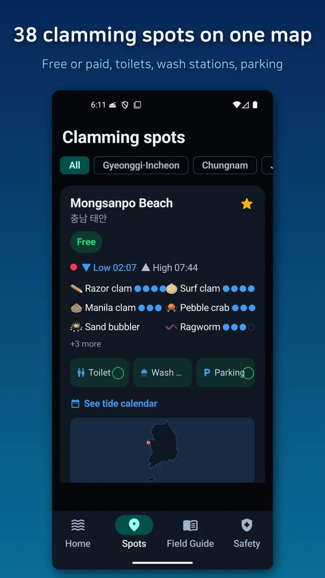 The list of clam-digging spots with free or paid tags, facilities and a mini map