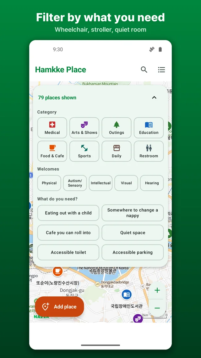 Filtering the map by wheelchair, stroller or sensory needs