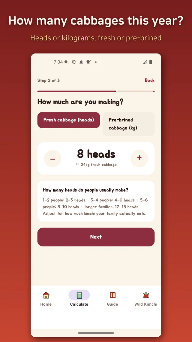 Choosing the cabbage amount in heads or kilograms in the kimchi calculator