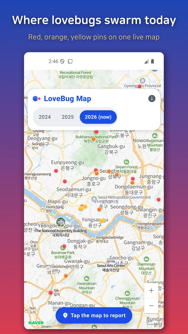 The lovebug sightings map with red, orange and yellow pins clustered around hills in Seoul