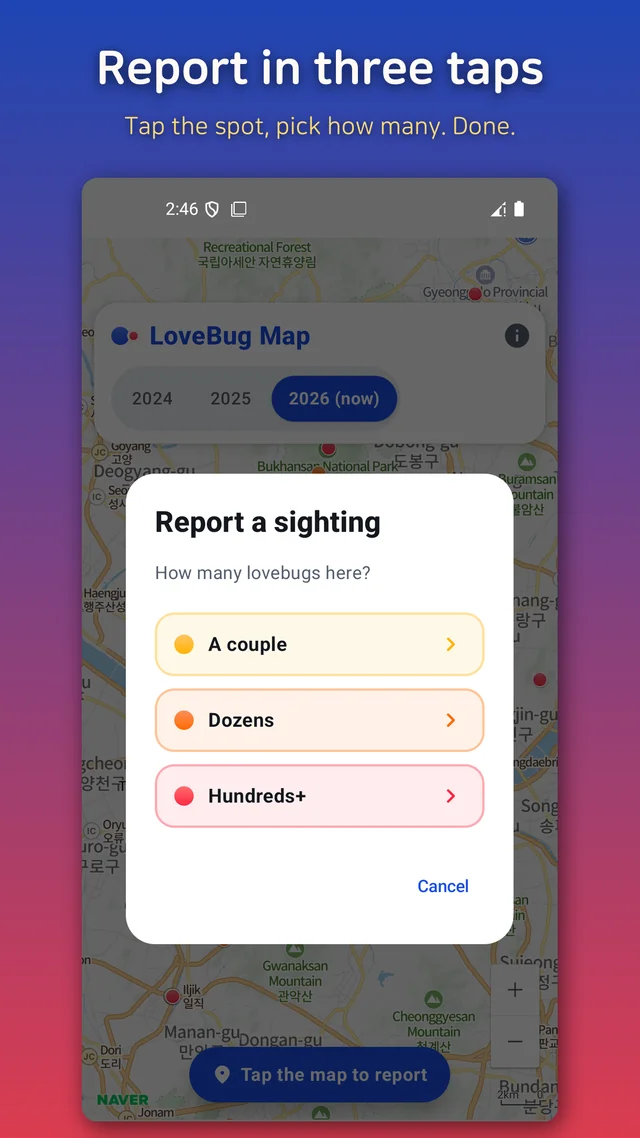Reporting a lovebug sighting by tapping the map and choosing a swarm level