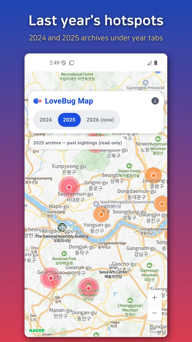 Comparing the 2025 archive of lovebug hotspots against this year's live reports