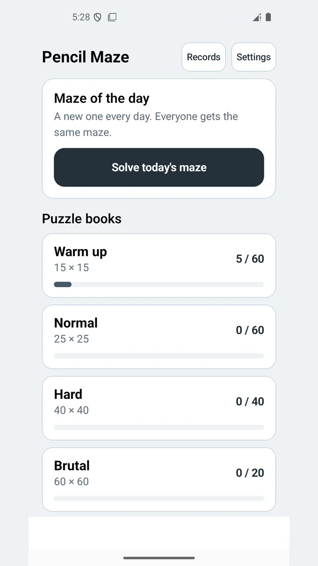 The home screen showing six maze difficulty levels from warm up to King