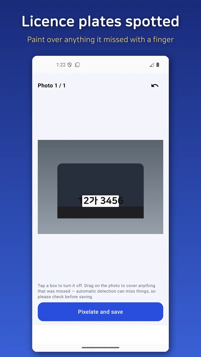 A car licence plate found automatically and boxed for the censor tool before saving