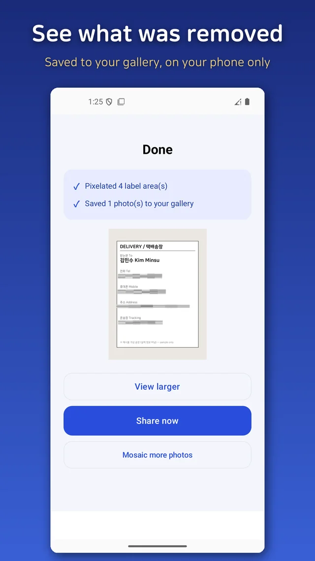 The save report listing the four label areas that were pixelated before the photo was saved