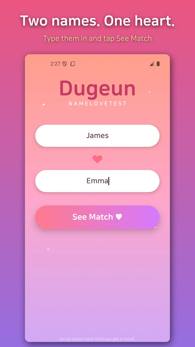Typing two names into the love test before pressing the heart button