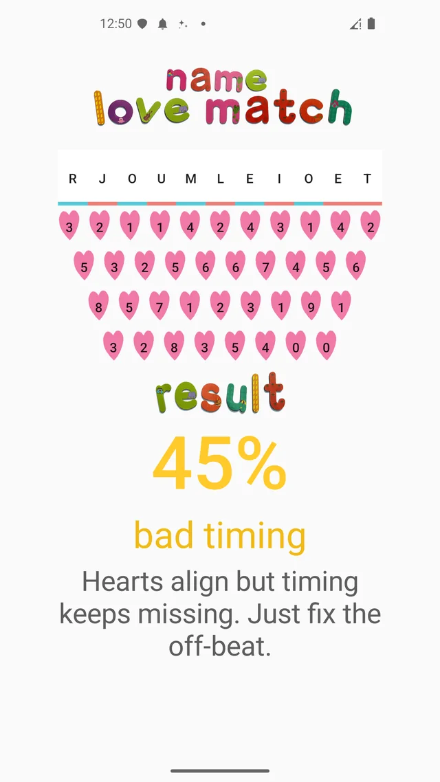 A 45% result with its own witty comment in the love calculator