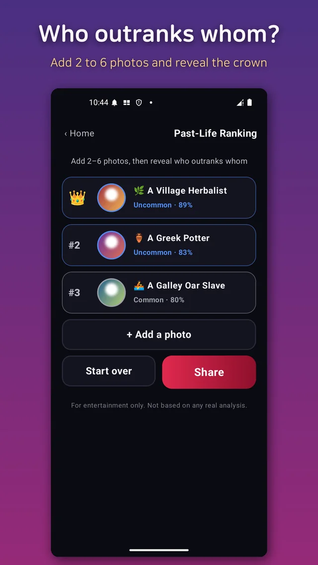 A legendary-tier pharaoh past life result card with its rarity and verdict