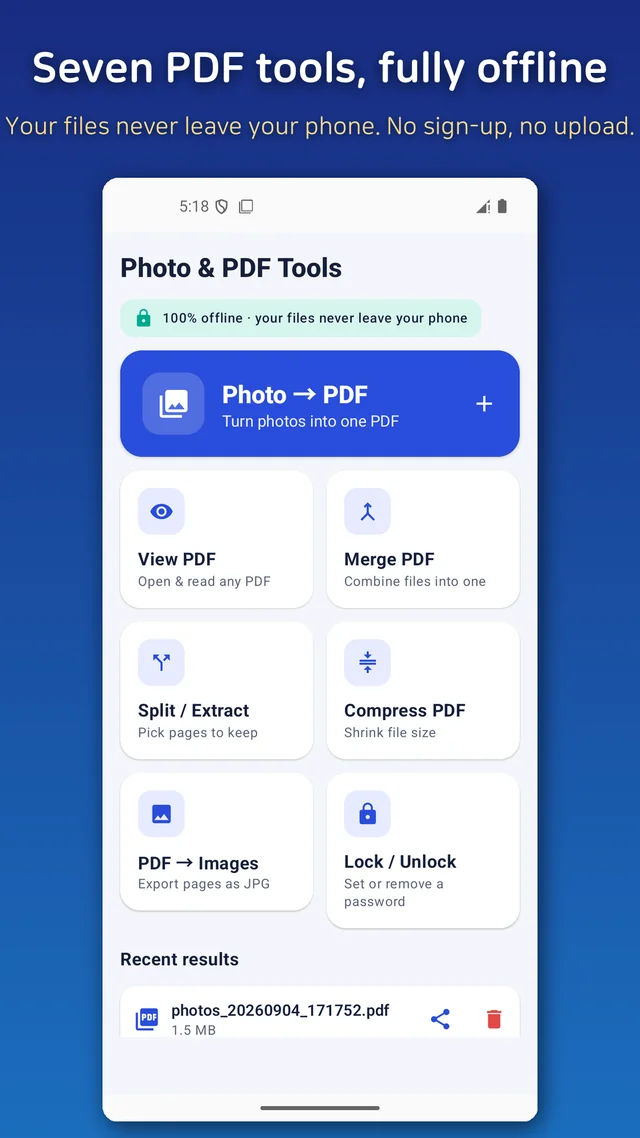 The home screen listing every PDF tool that runs offline on the phone