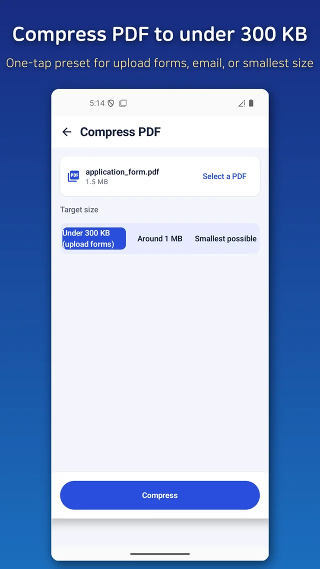 Choosing the under 300KB preset to compress a PDF for an upload form