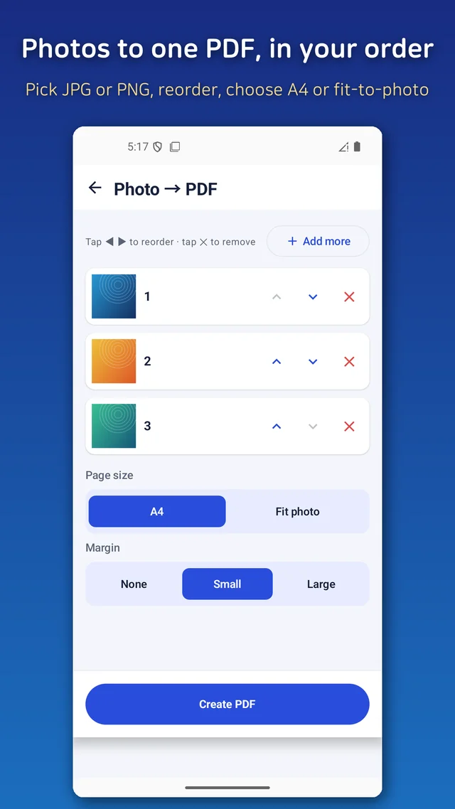Selecting several photos to combine into one PDF in order