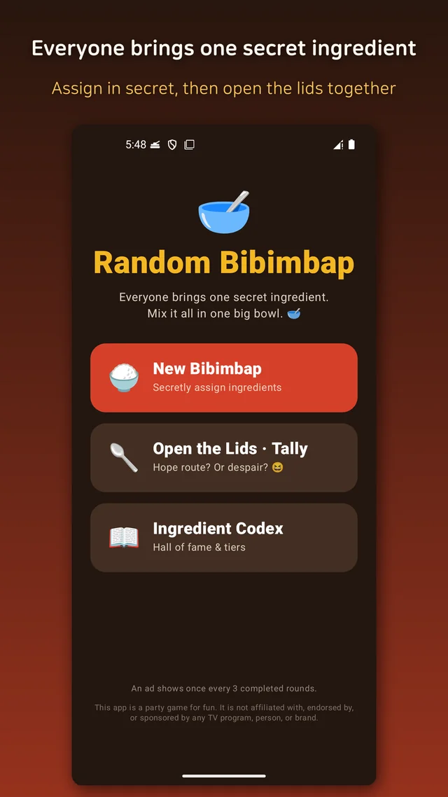 The home screen of the random bibimbap party game with the setup and tally options