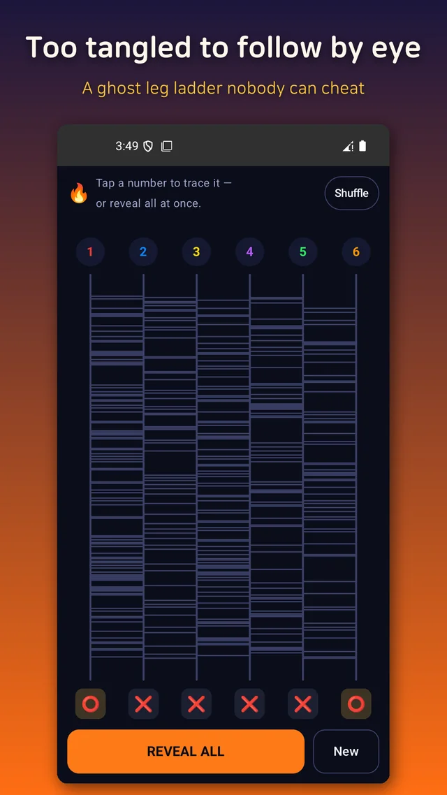 A tangled ghost leg ladder with numbered players across the top