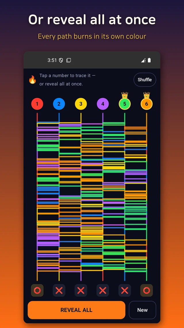 Reveal All showing every player's path burning at once in different colours
