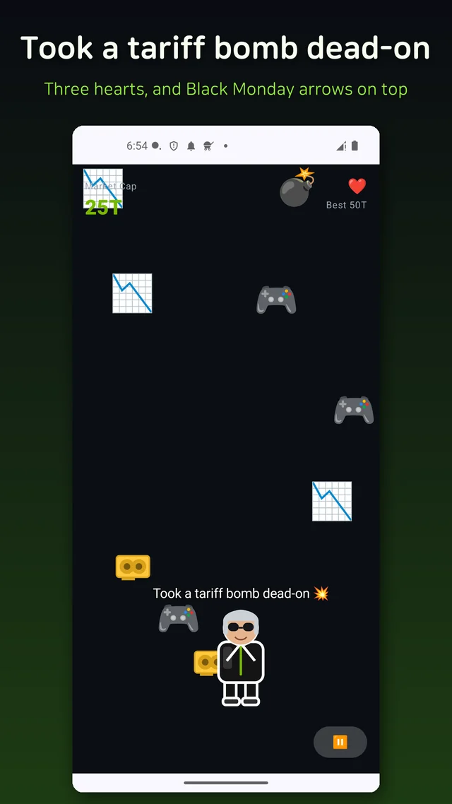 The game-over screen showing final market cap, best combo and the day's record