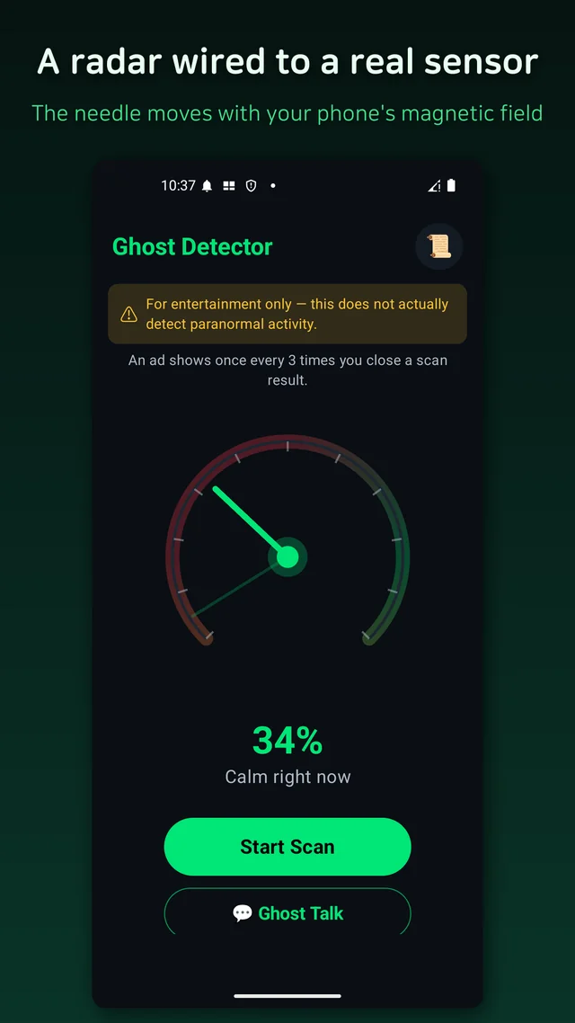 The EMF radar gauge on the home screen reacting live to the phone sensor