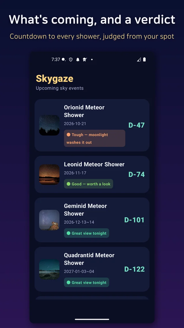 Countdown list of upcoming meteor showers and eclipses on the home screen