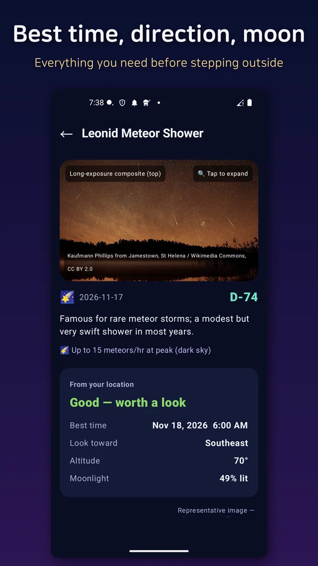 Event detail screen showing best time, direction, moonlight and the local verdict