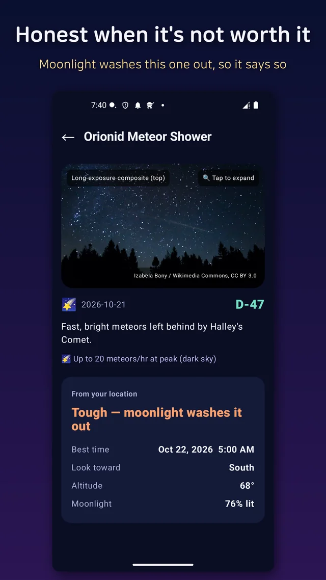 The Orionid detail screen with the honest verdict that moonlight washes it out this year