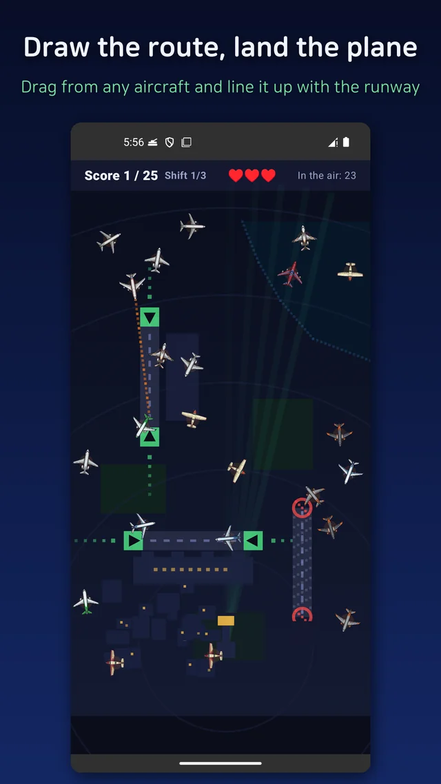 Drawing a flight path from an airliner to the runway in the air traffic control game