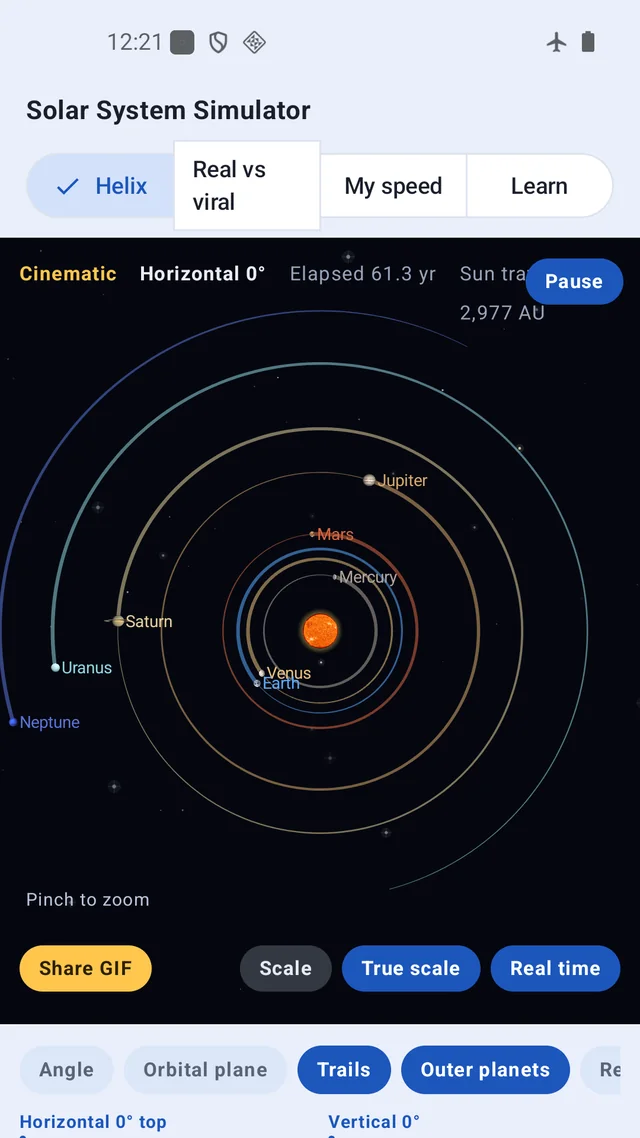 The familiar top-down view of the planets before the camera is tilted