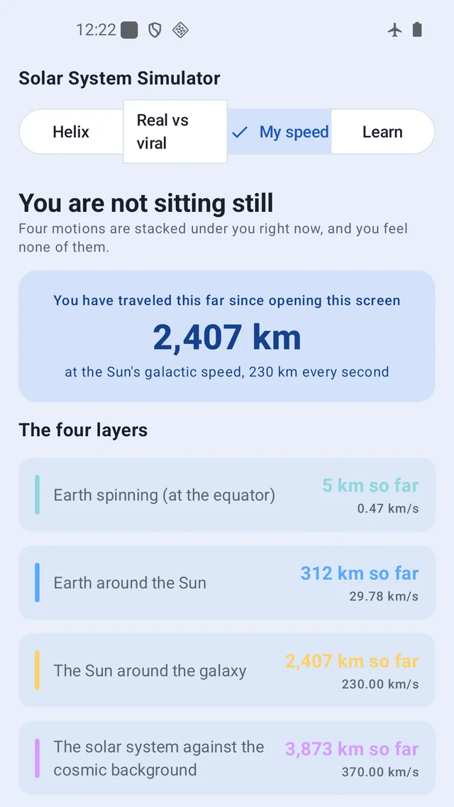 A live counter of how far you have travelled on four stacked motions since opening the screen