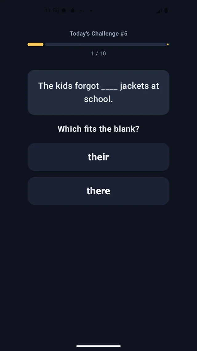 A sentence with a blank and two choices in the commonly confused words quiz