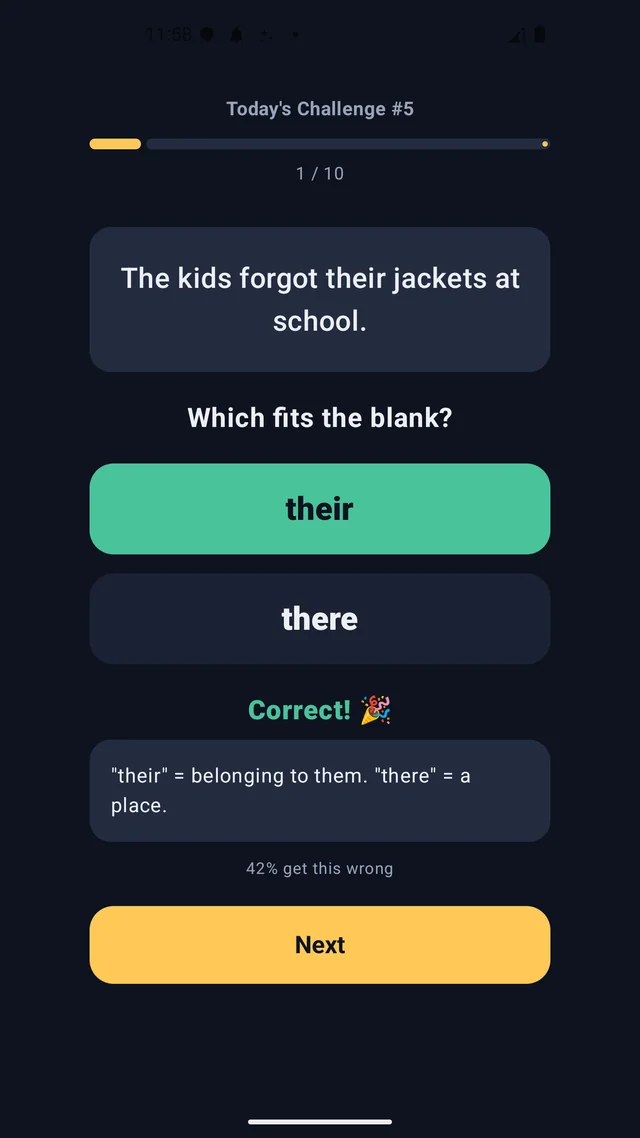 The reveal screen showing the right word and a one-line reason