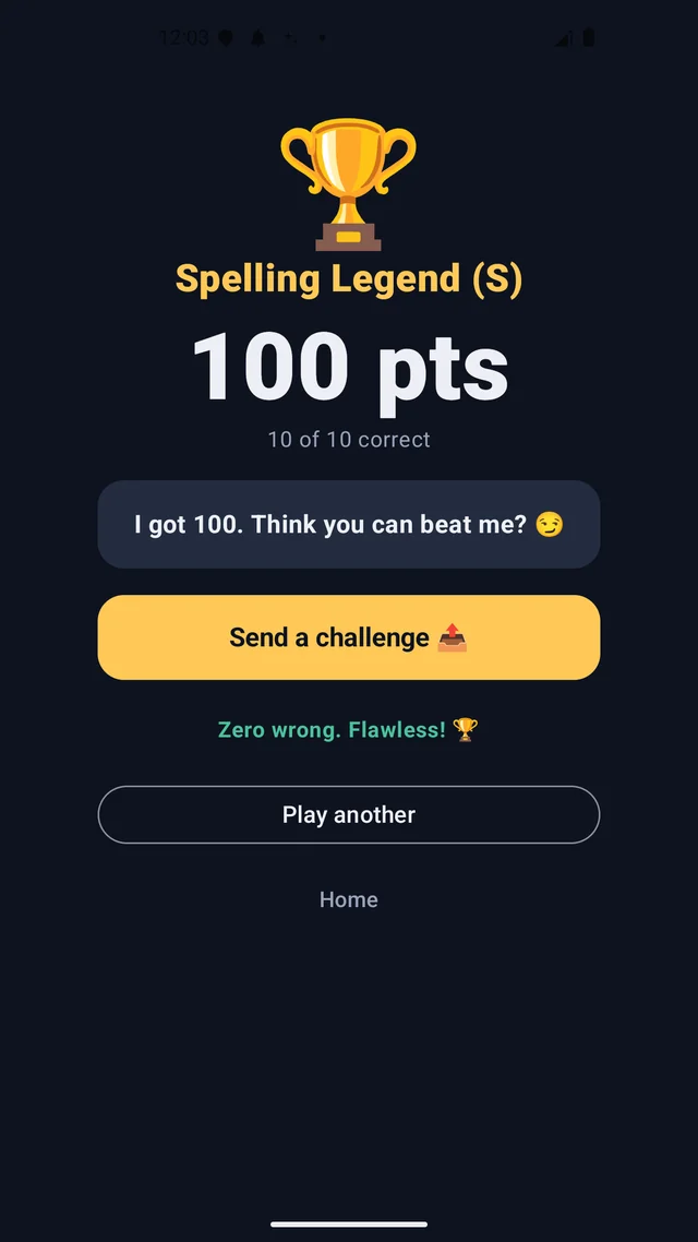 The result screen with score and rank ready to share as a challenge card