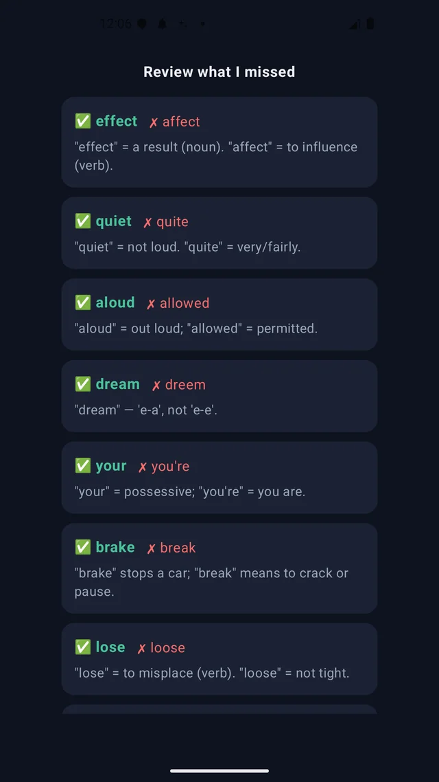 Review mode listing the confusing English words you missed