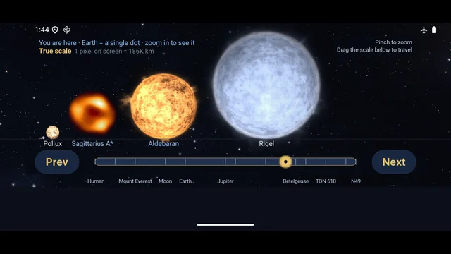 Earth kept in view as a tiny reference next to a giant star