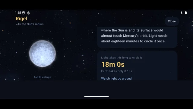 A point of light travelling once around a star to show how long light takes