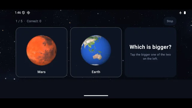 The size quiz asking which of two objects is bigger before they snap to true scale