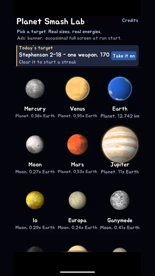 The home screen showing twenty real solar system bodies to pick from