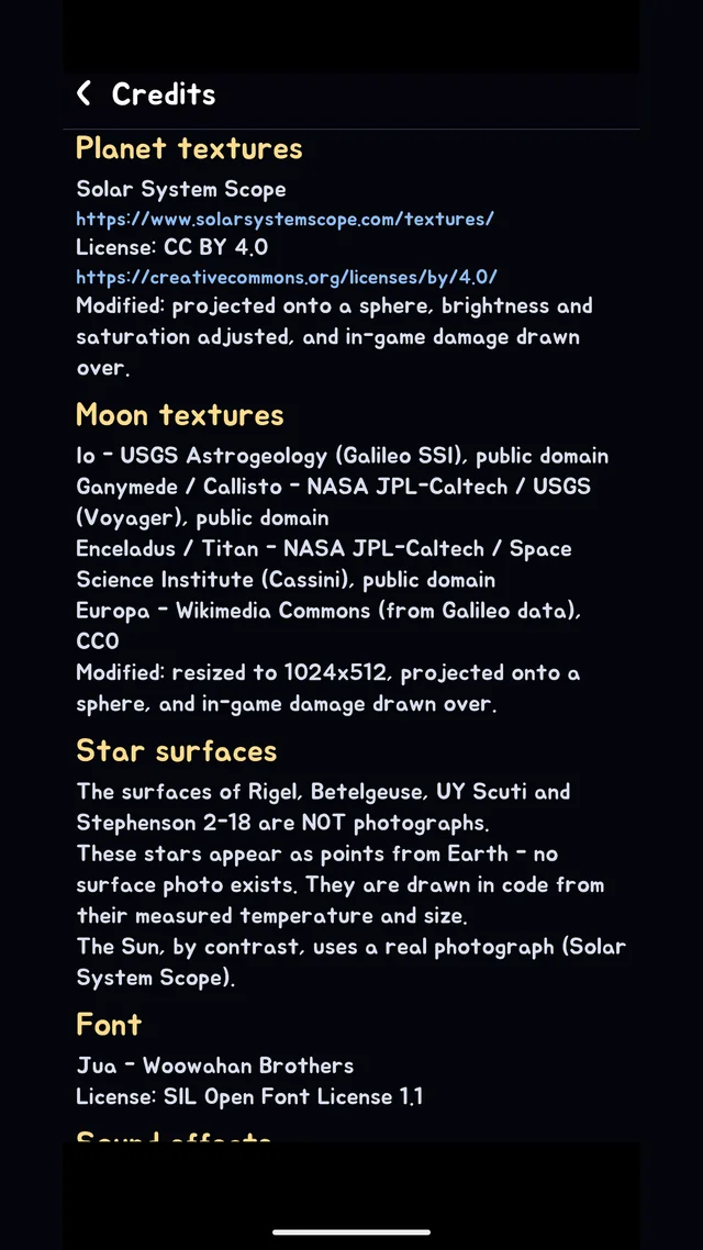 The credits screen listing texture sources and licenses